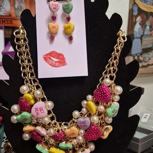 Chunky Betsey Johnson Gold Chain Necklace with Heart Charm&earrings